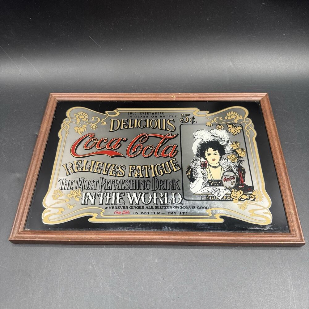 Vintage Coca Cola 5 cent Relieves Fatigue Sign Mirror Frame Advertisement 9”x13”